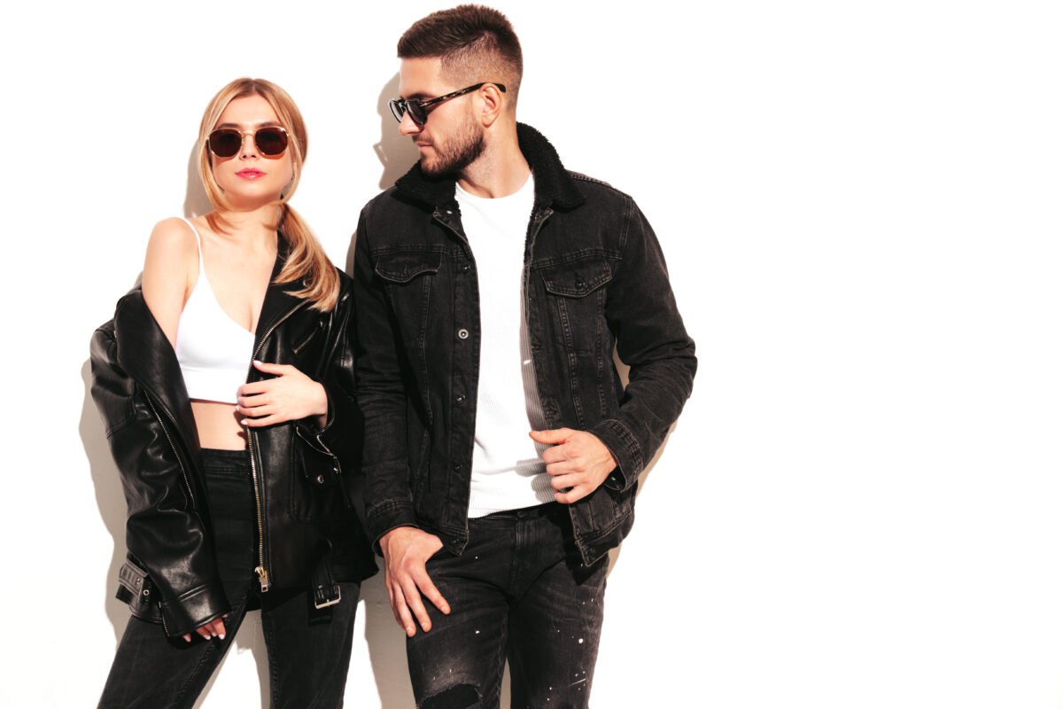 S Mart latest fashion collection – confident couple showcasing stylish black jackets and casual wear.